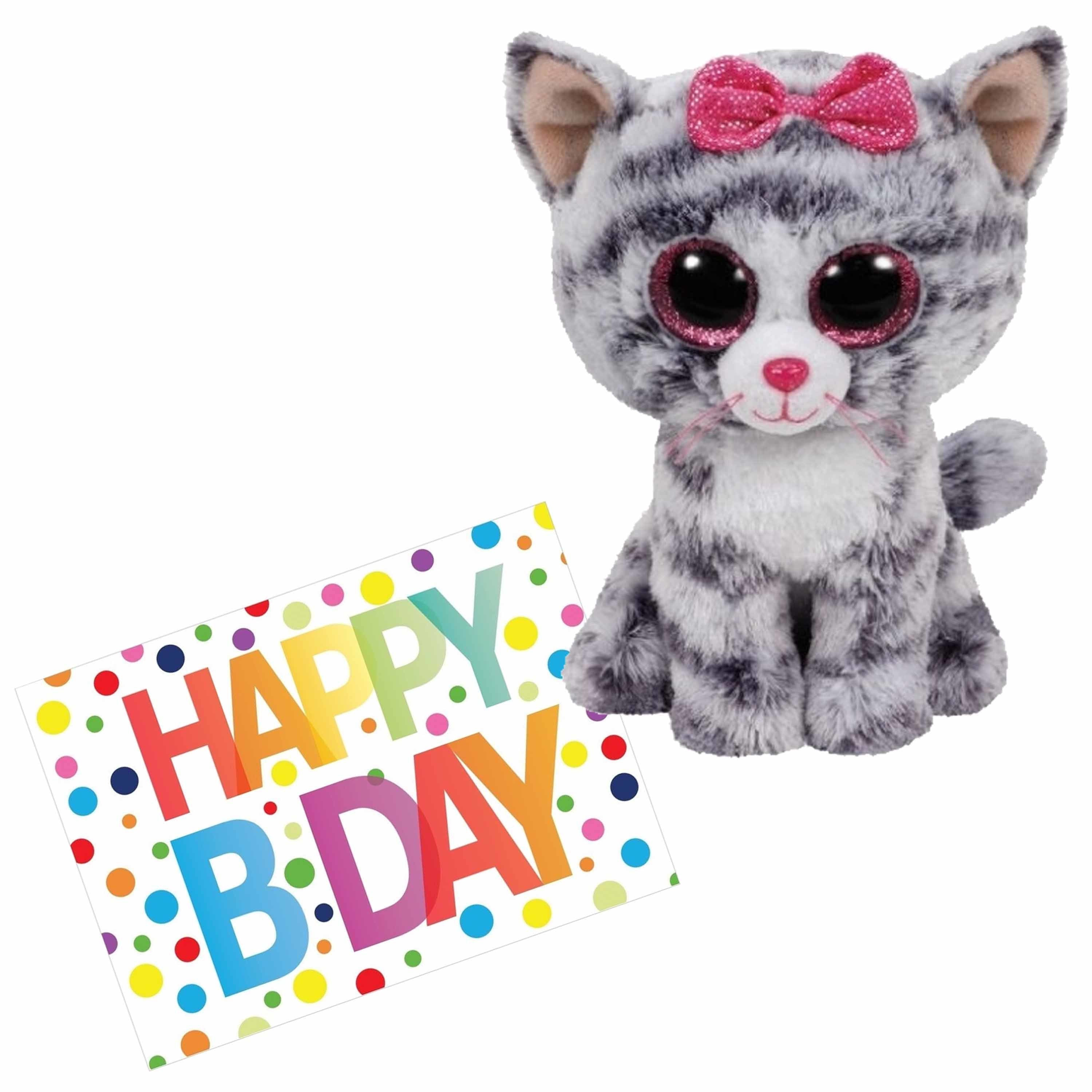 pluche-knuffel-kat-poes-ty-beanie-kiki-15-cm-met-a5size-happy-birthday-wenskaart_10327226