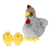 Pluche kip knuffel - grijs - 20 cm - met 2 kuikens - knuffelset - Pluchen speelgoed