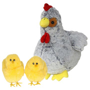 Pluche kip knuffel - 30 cm - grijs - met kuikens - boerderij knuffel - Pluchen speelgoed