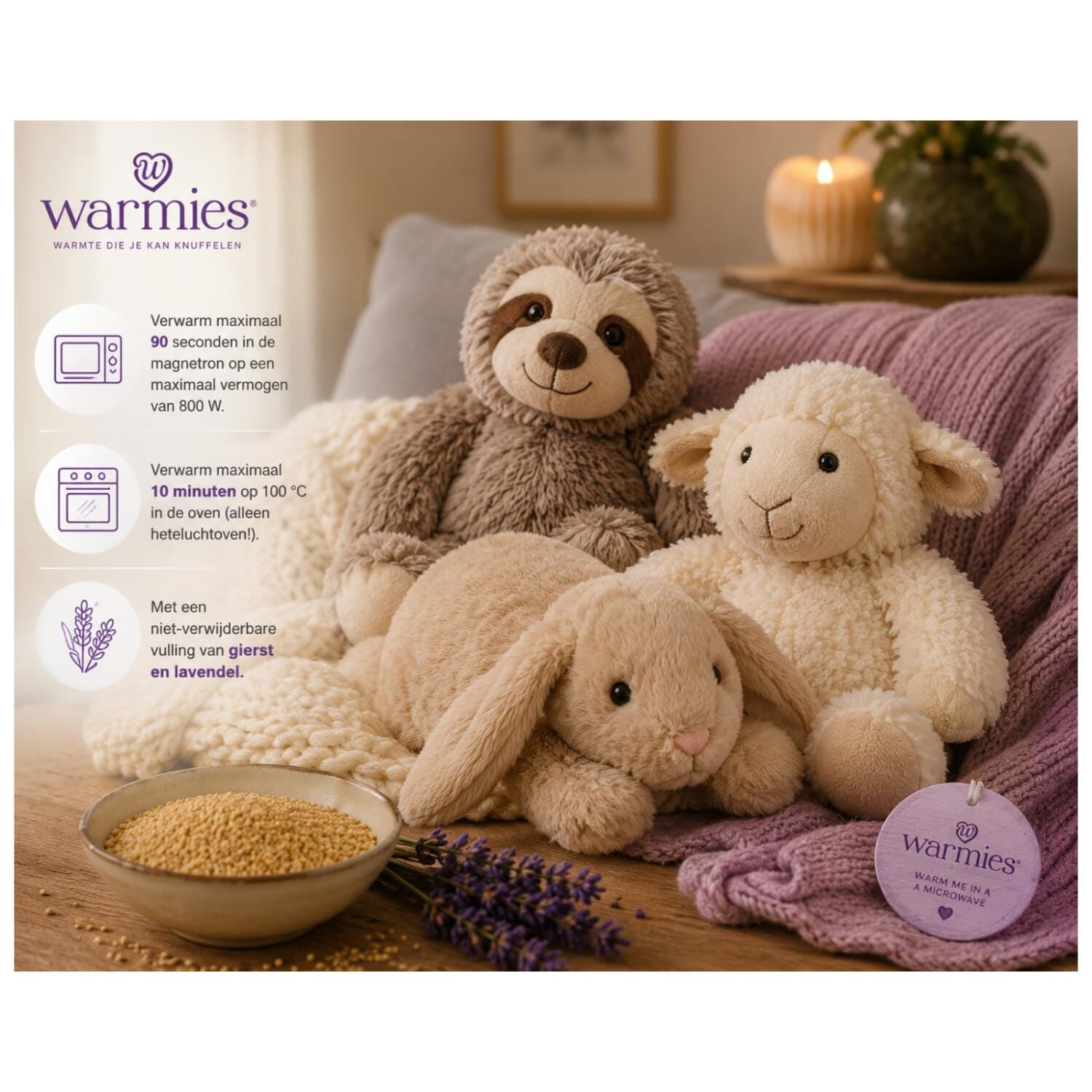 Warmies lama/alpaca knuffel - wit - 37 cm - warmteknuffel - Pluchen speelgoed