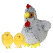 Pluche kip knuffel - 20 cm - grijs - met 4 kuikens - boerderij dieren - Pluchen speelgoed