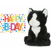 Pluche kat zwart-wit - knuffel - 18 cm - Happy Birthday kaart - Pluchen speelgoed