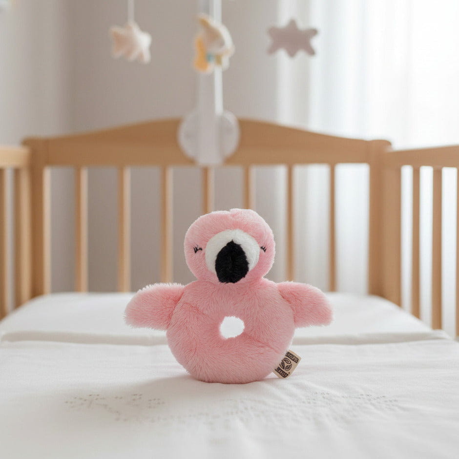 Nature Planet flamingo rammelaar - pluche - 10 x 15 cm - baby speelgoed