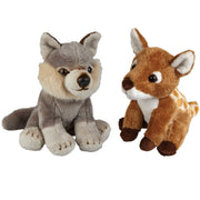 Bosdieren knuffels - pluche set van 2 - hertje en wolf - 15 cm - Pluchen speelgoed