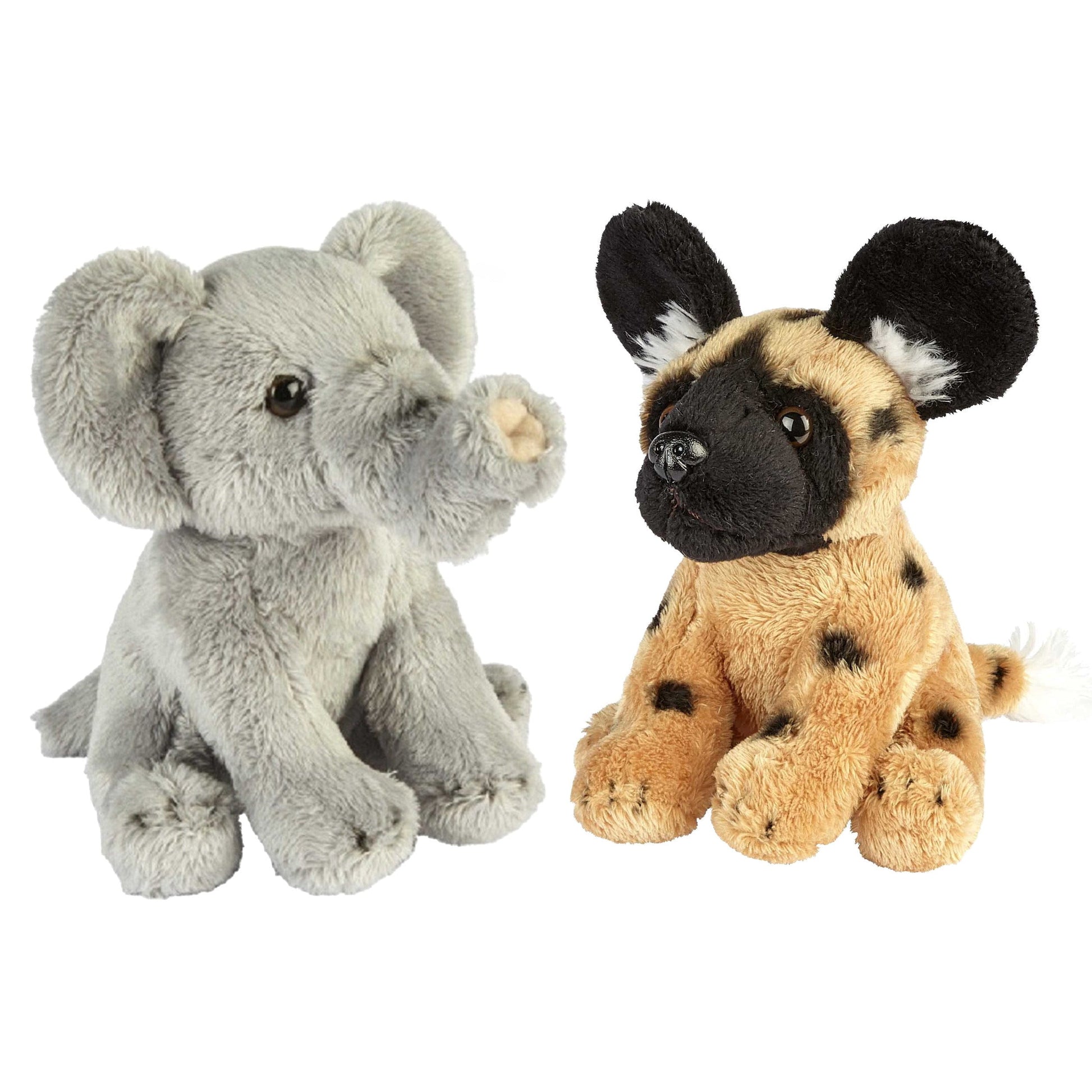 Safari dieren pluche knuffels - olifant en wilde hond - 15 cm - Pluchen speelgoed