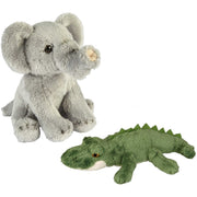 Safari dieren pluche knuffels - olifant en krokodil - 15 cm - Pluchen speelgoed