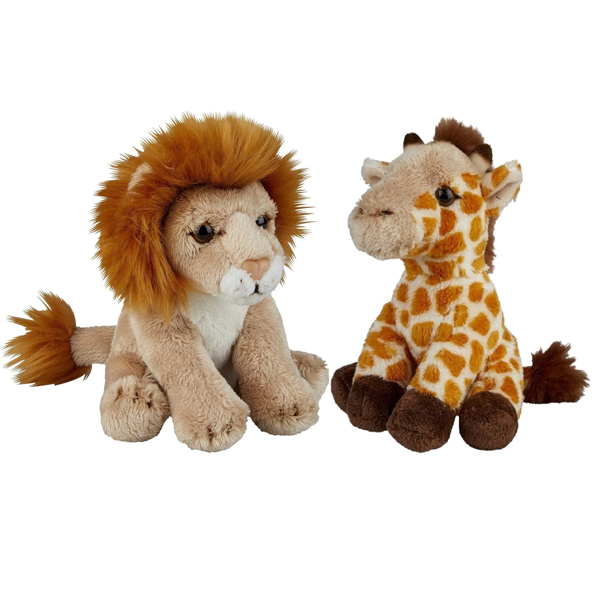 Safari dieren pluche knuffels set - giraffe en leeuw - 15 cm - Pluchen speelgoed
