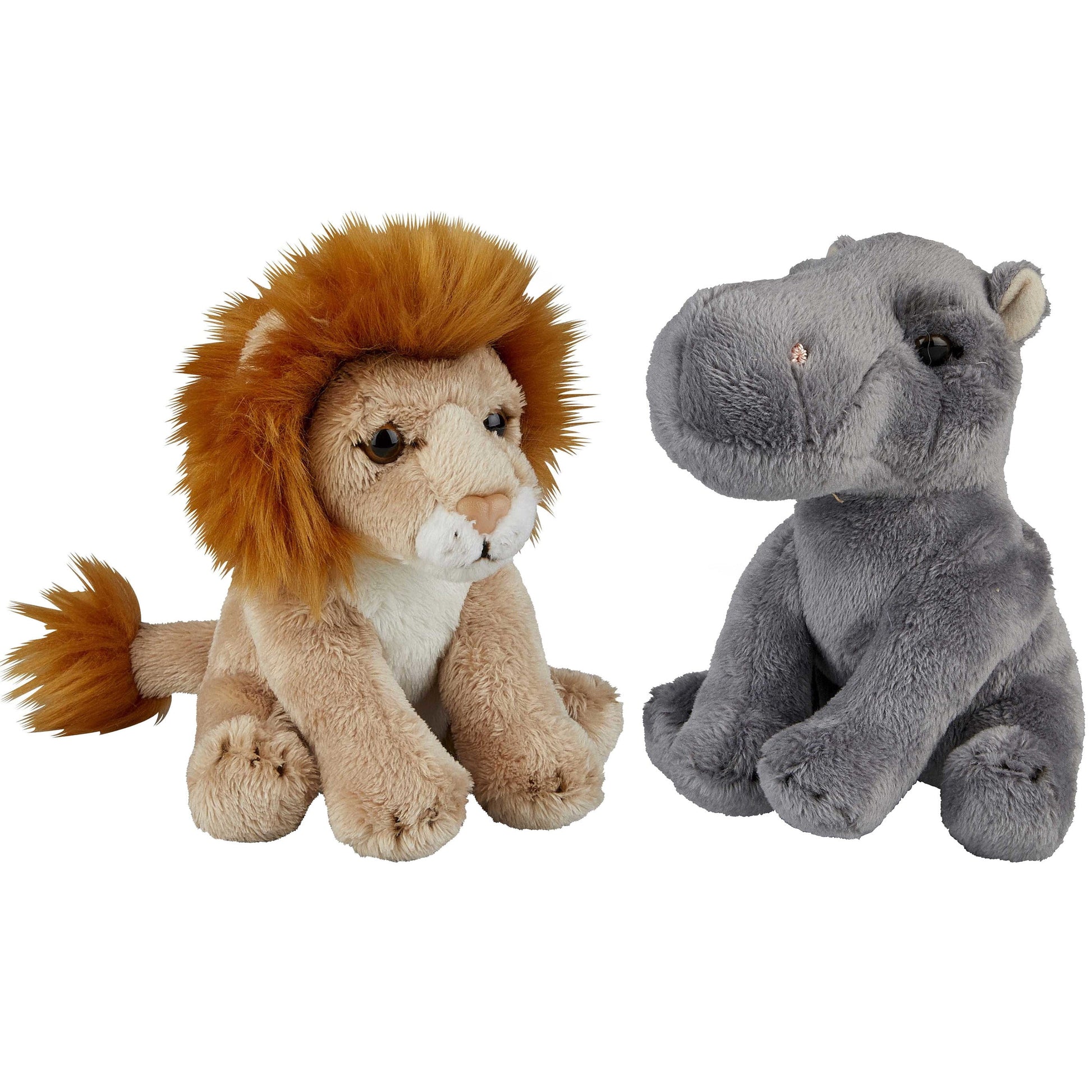 Safari dieren pluche knuffels set - nijlpaard en leeuw - 15 cm - Pluchen speelgoed