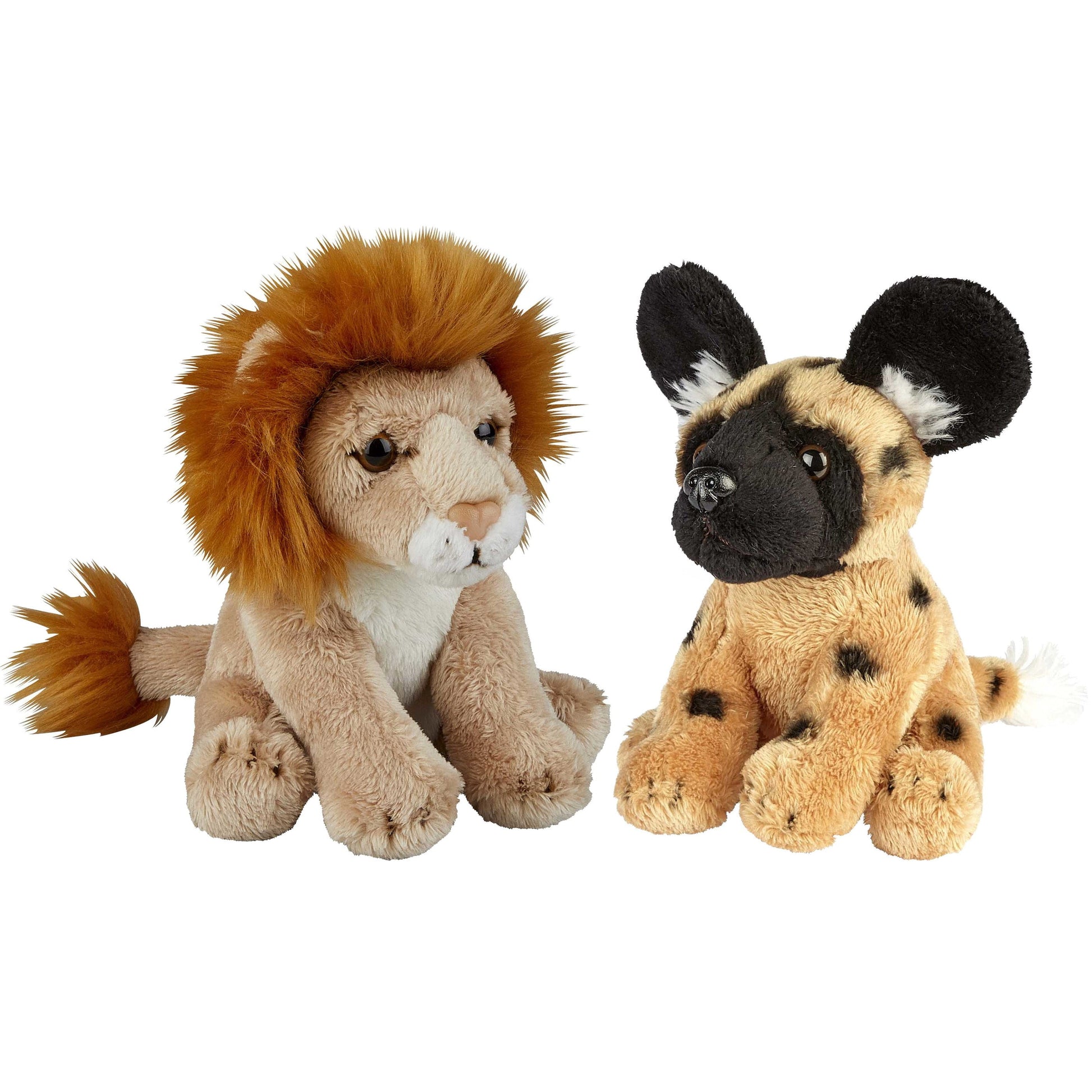 Safari dieren pluche knuffels - wilde hond en leeuw - 15 cm - Pluchen speelgoed