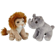 Ravensden - pluche safari knuffels - neushoorn en leeuw - 15 cm - Pluchen speelgoed