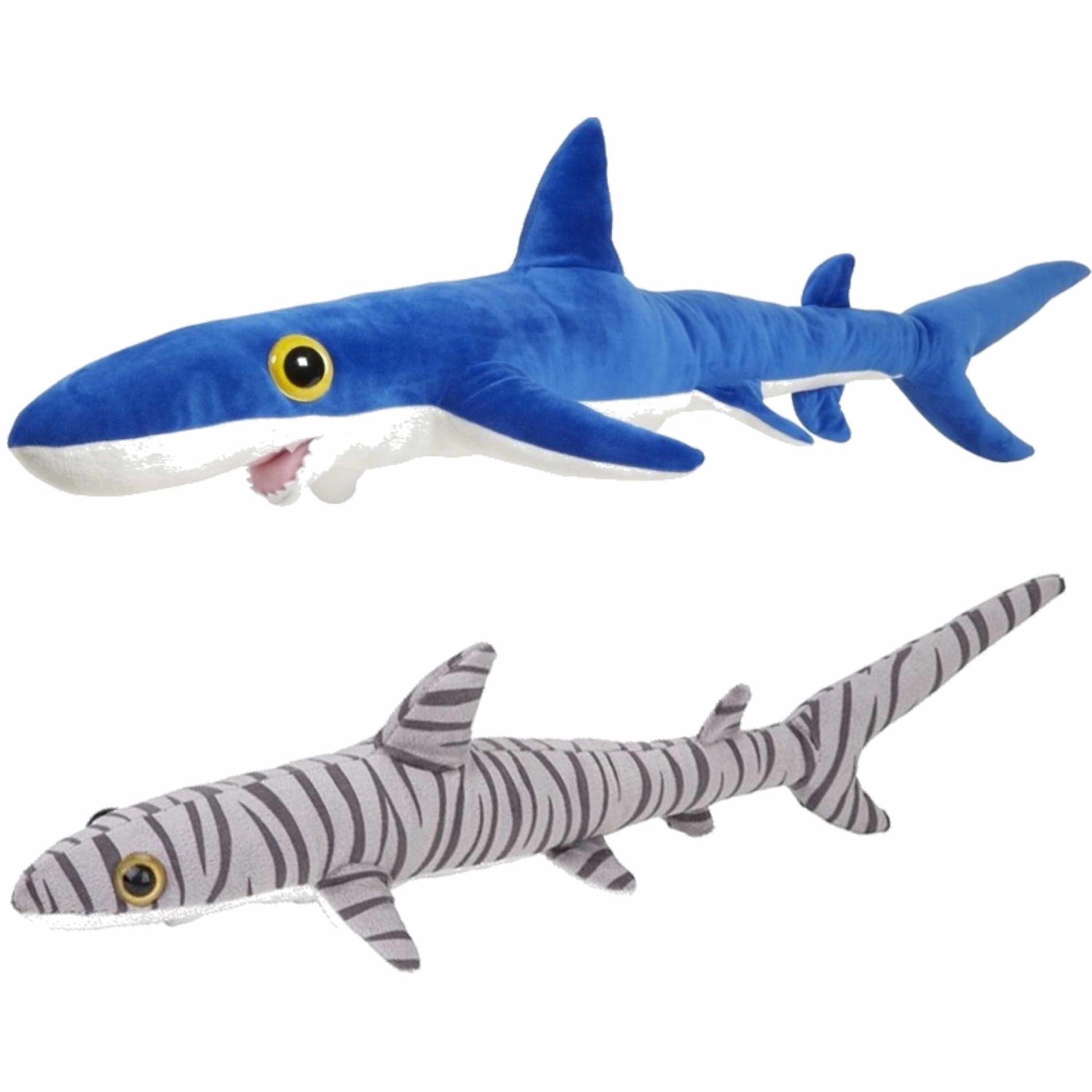Set van 2 pluche haaien knuffels - 60 cm - tijgerhaai - blauwe haai - oceaandieren - pluche - Pluchen speelgoed