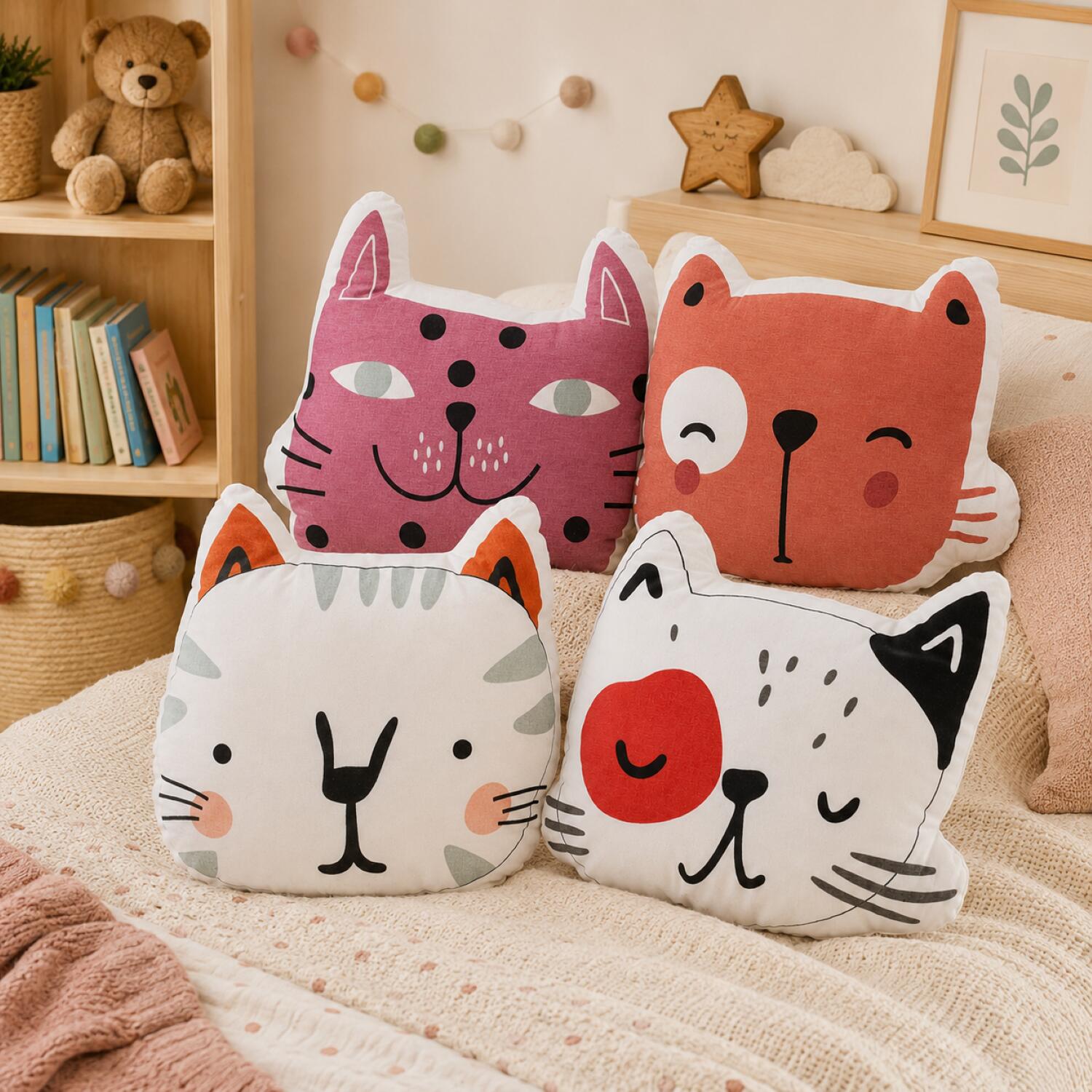 Dieren sierkussen set - 2x - Kat / poes - kinderkamer - 35 x 40 cm - polyester - Pluchen speelgoed