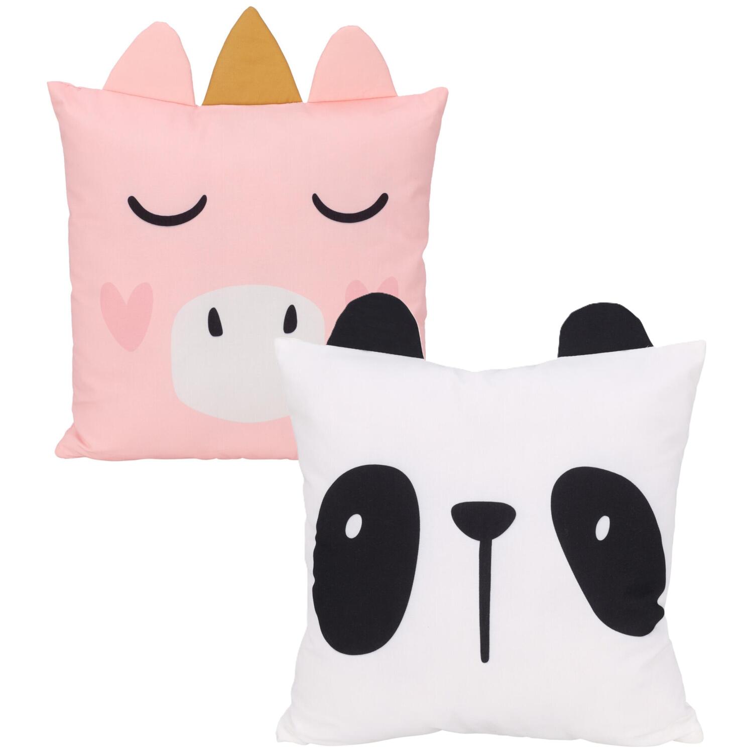 Dieren sierkussen set - 2x - kinderkamer - Panda en eenhoorn - 40 x 40 cm - polyester - Pluchen speelgoed