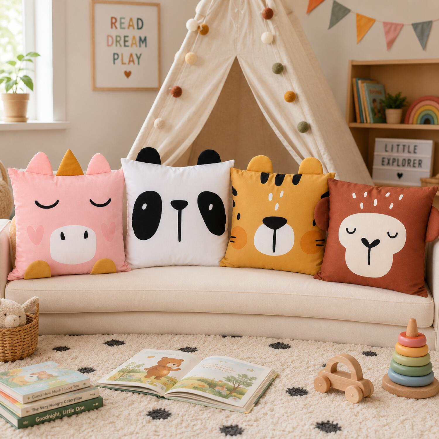 Dieren sierkussen set - 2x - kinderkamer - Tijger en eenhoorn - 40 x 40 cm - polyester - Pluchen speelgoed