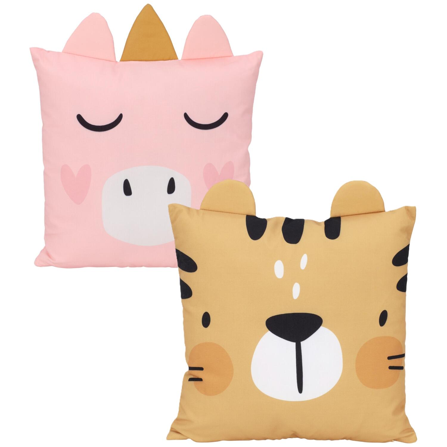 Dieren sierkussen set - 2x - kinderkamer - Tijger en eenhoorn - 40 x 40 cm - polyester - Pluchen speelgoed