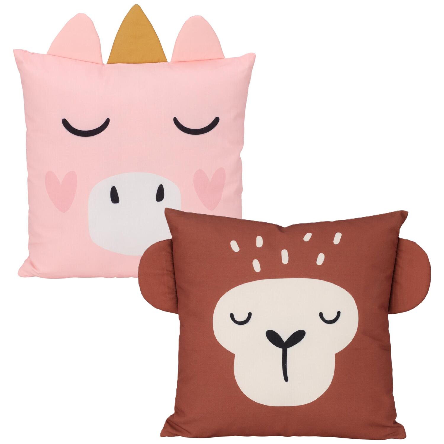 dieren-sierkussen-set-2x-kinderkamer-aapje-en-eenhoorn-40-x-40-cm-polyester_10500762
