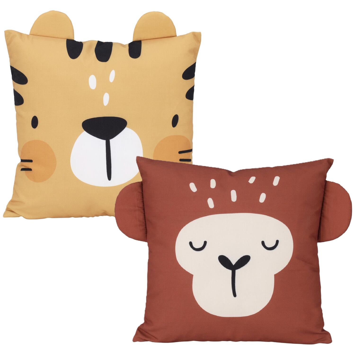 dieren-sierkussen-set-2x-kinderkamer-tijger-en-aapje-40-x-40-cm-polyester_10500765