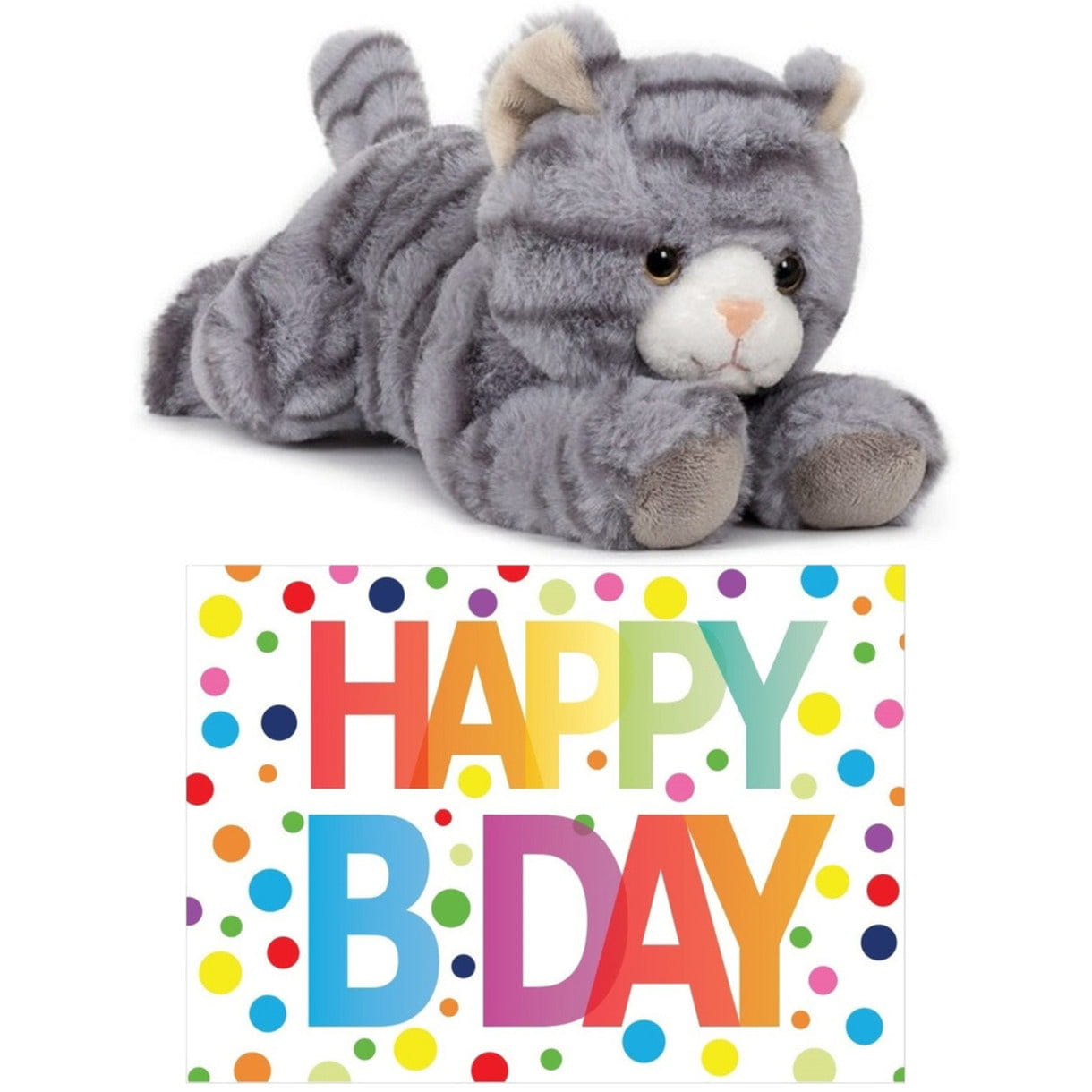 Pluche grijze kat knuffel - 25 cm - Happy Birthday kaart - Pluchen speelgoed