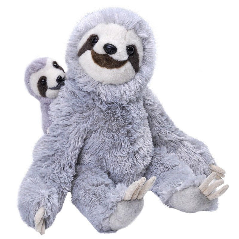 Wild Republic luiaard knuffel met jong - pluche - grijs - 38 cm - bosdieren - Pluchen speelgoed