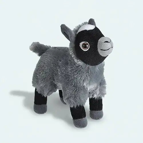 Een knuffelzachte grijze en zwarte babygeitenknuffel met zacht vacht, een witte streep op zijn voorhoofd en ingeweven gezichtszweemelen.
