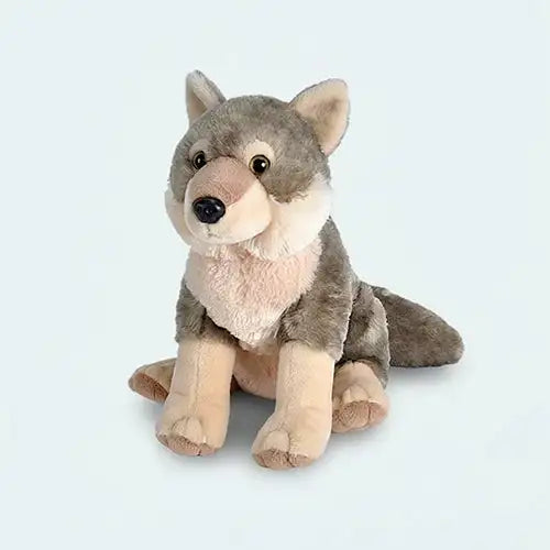 Een knuffelige grijze en bruine wolfspeelgoed met zachte, gedetailleerde vacht en zwarte knoopogen.