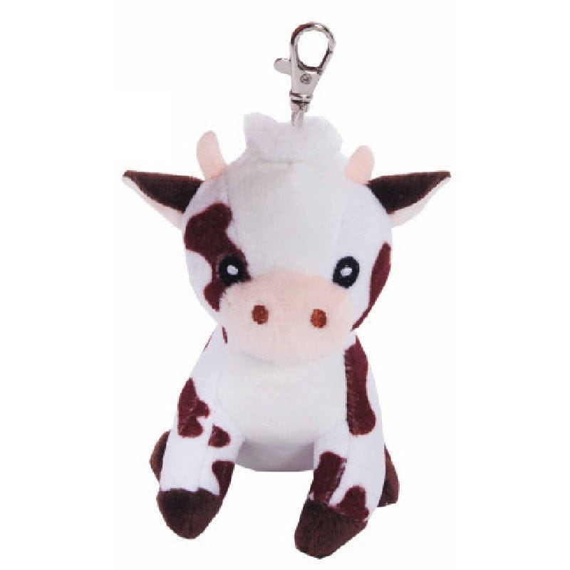 Knuffeldier koe sleutelhanger - pluche - bruin/wit - 12 cm - Pluchen speelgoed