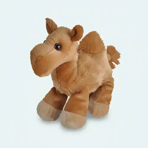 Een zachte, beige knuffelkamelenknuffel met zwarte knoopogen en een vriendelijke uitstraling.